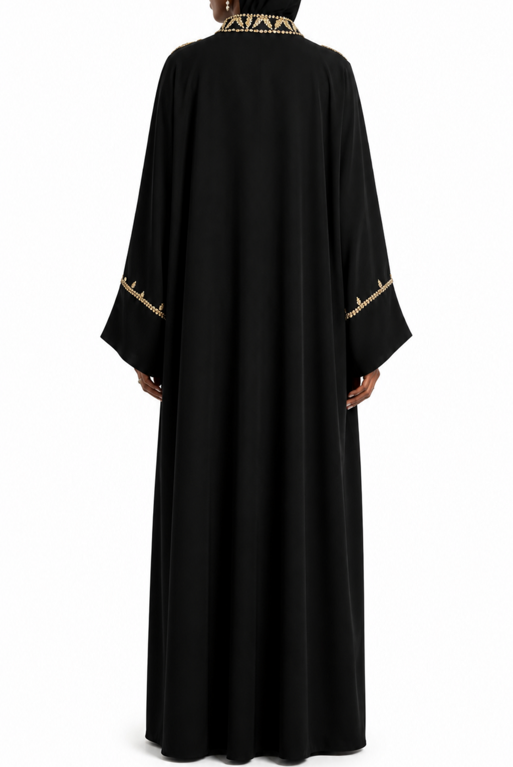 Black abaya with gold embroidery on a white background