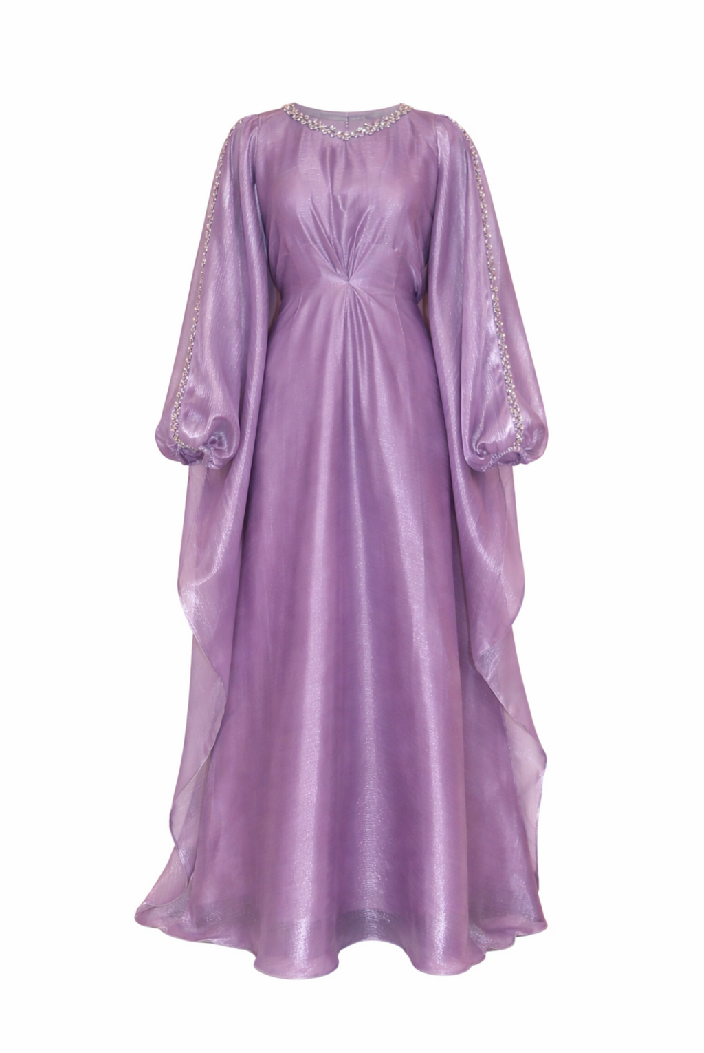 Purple evening gown with diamond details on a white background