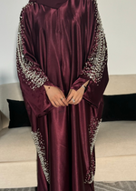 Load image into Gallery viewer, burgundy embellished abaya with silver crystal gems
