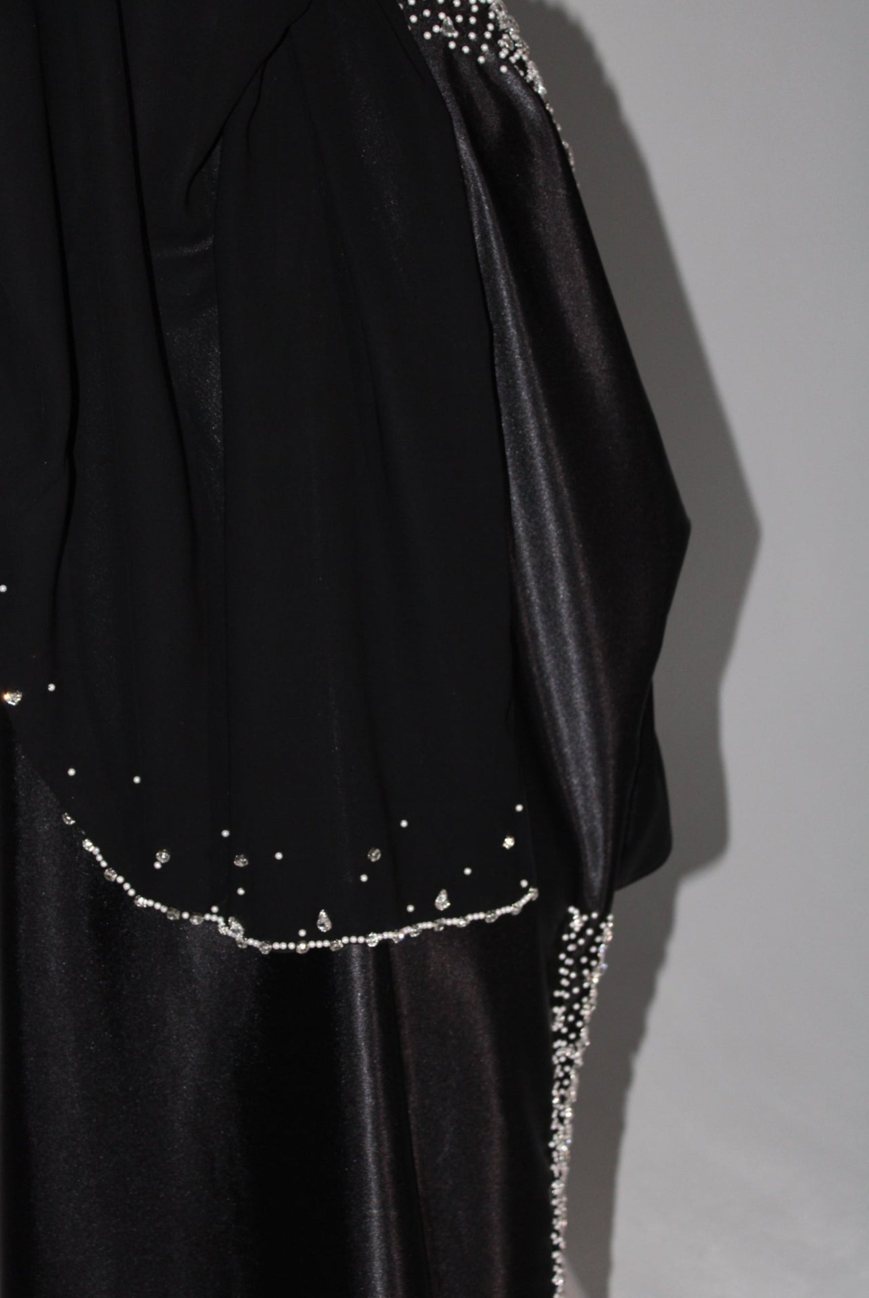 Black satin embellished evening abaya with silver crystal rhinestones.