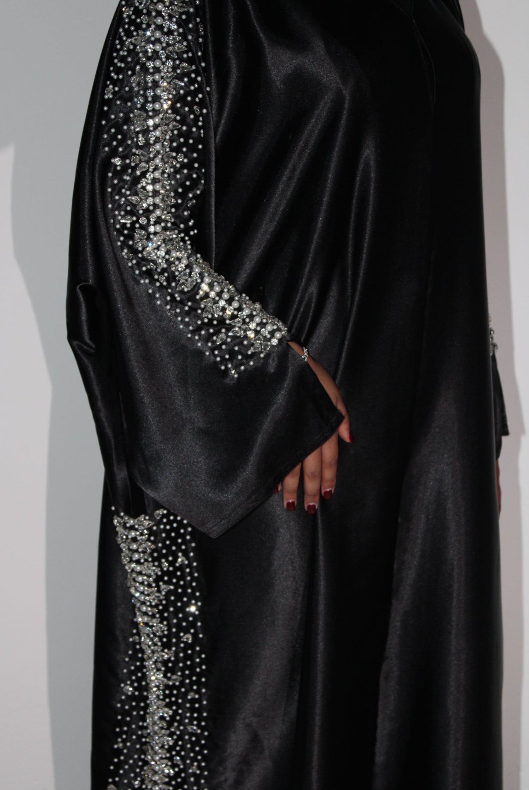Black satin embellished evening abaya with silver crystal rhinestones.