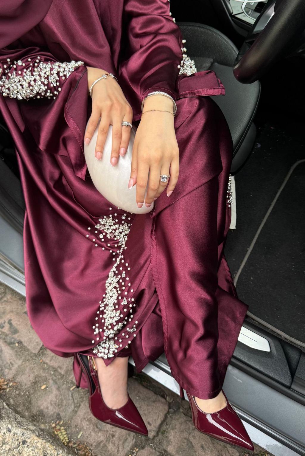 burgundy embellished abaya with silver crystal gems